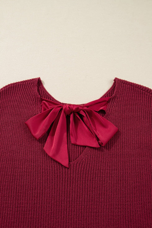 Open Back Satin Tie Ribbed Knit Sweater