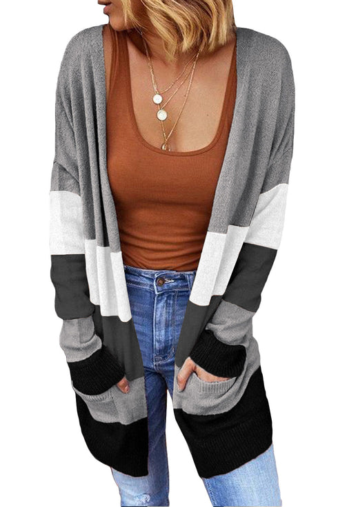Open Front Colorblock Cardigan With Pockets