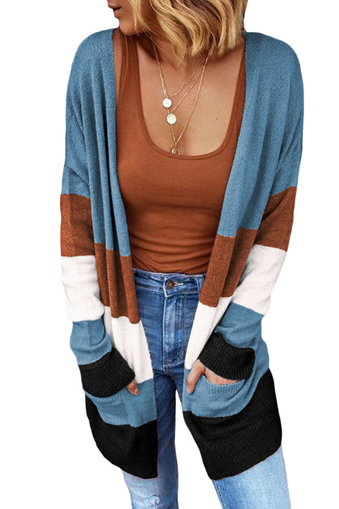 Open Front Colorblock Cardigan With Pockets