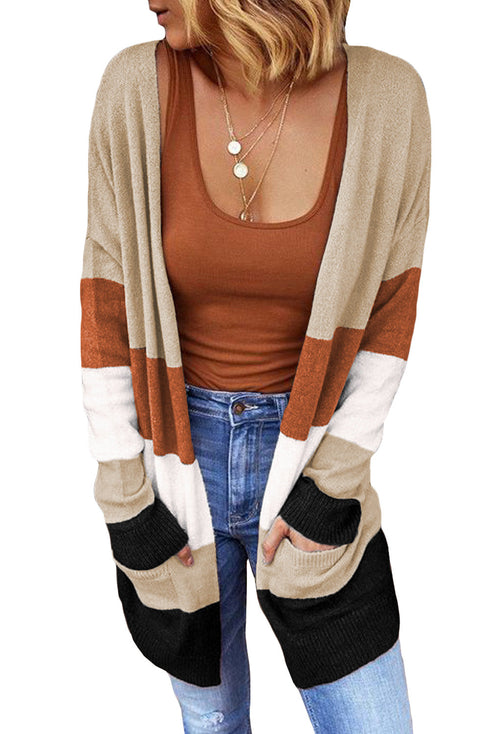 Open Front Colorblock Cardigan With Pockets