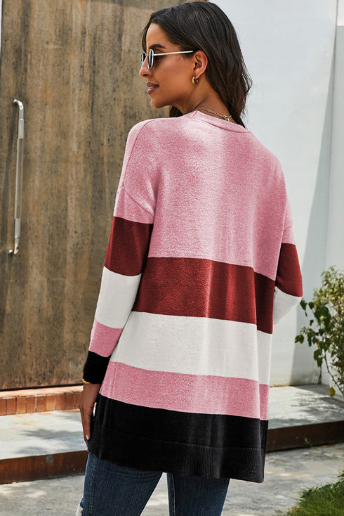 Open Front Colorblock Cardigan With Pockets