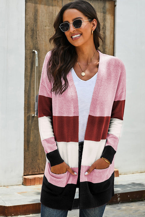 Open Front Colorblock Cardigan With Pockets