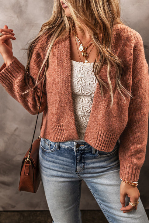 Open Front Drop Shoulder Ribbed Knit Cardigan