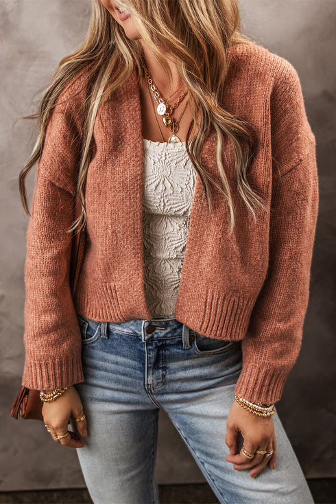 Open Front Drop Shoulder Ribbed Knit Cardigan
