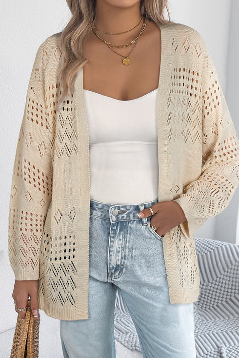 Open Front Geometric Pointelle Knit Cardigan