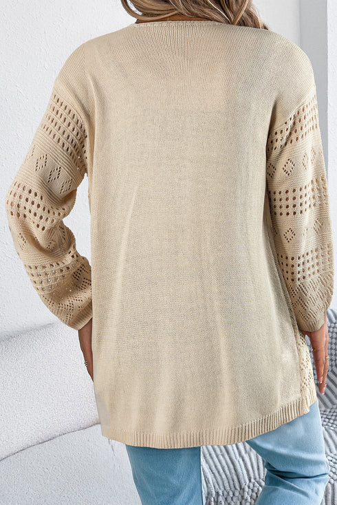 Open Front Geometric Pointelle Knit Cardigan