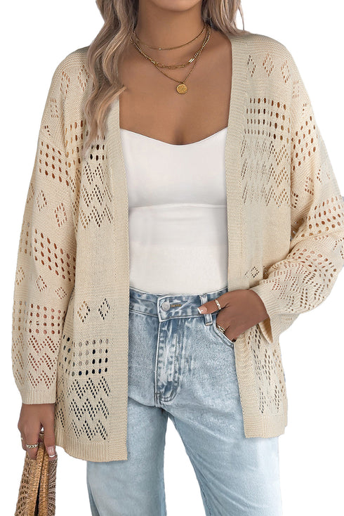 Open Front Geometric Pointelle Knit Cardigan