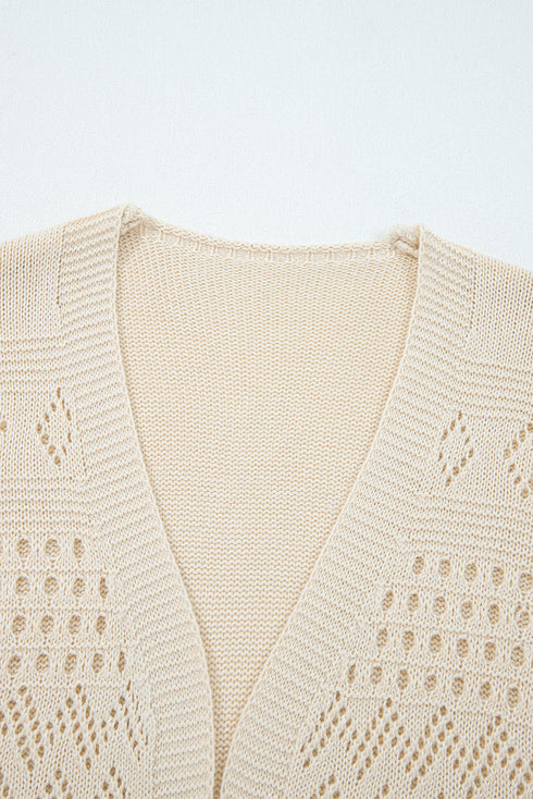 Open Front Geometric Pointelle Knit Cardigan