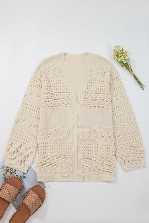 Open Front Geometric Pointelle Knit Cardigan