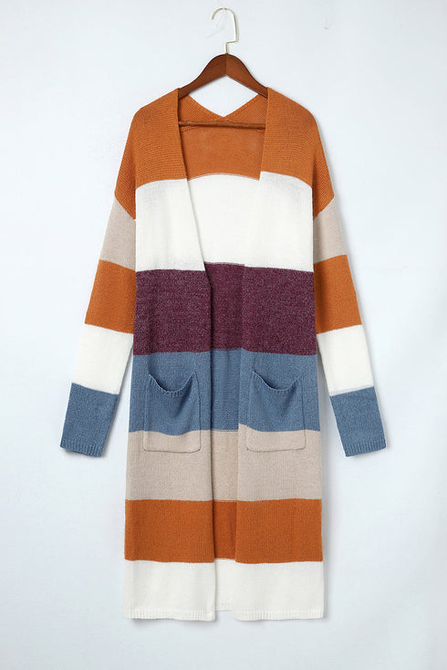 Open Front Striped Long Sleeve Knit Cardigan
