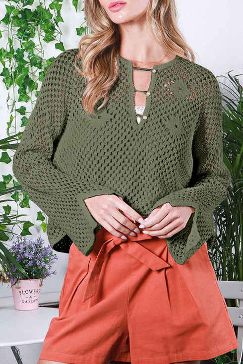 Open Knit Buttoned Neck Split Sleeve Sweater