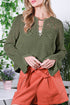 Open Knit Buttoned Neck Split Sleeve Sweater