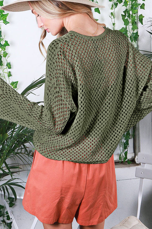Open Knit Buttoned Neck Split Sleeve Sweater