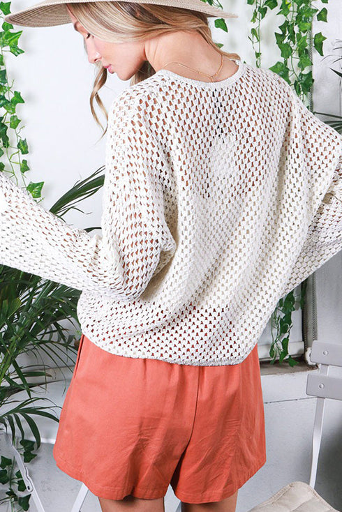 Open Knit Buttoned Neck Split Sleeve Sweater