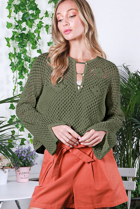 Open Knit Buttoned Neck Split Sleeve Sweater
