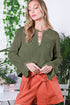 Open Knit Buttoned Neck Split Sleeve Sweater