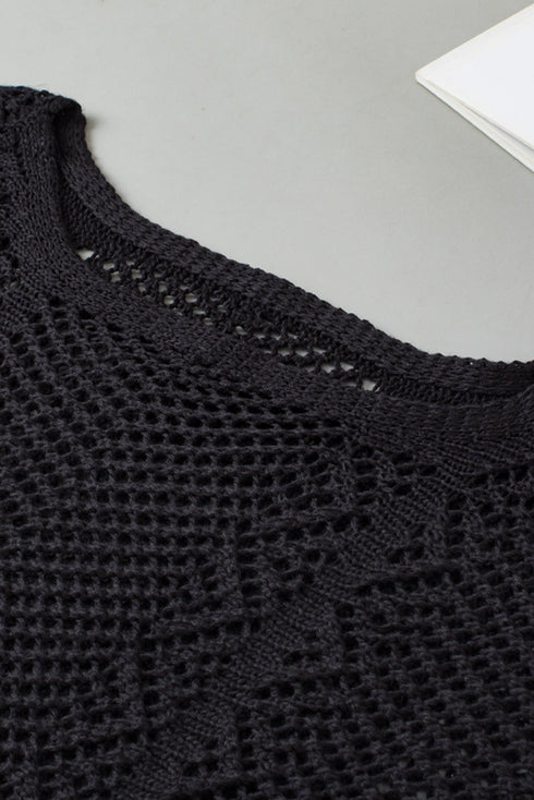 Open Knit Chevron Texture Elbow Sleeve Boat Neck Top