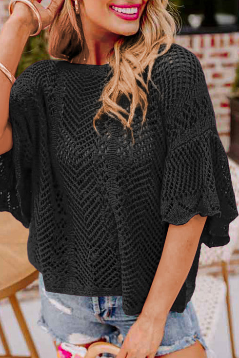 Open Knit Chevron Texture Elbow Sleeve Boat Neck Top