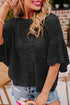 Open Knit Chevron Texture Elbow Sleeve Boat Neck Top