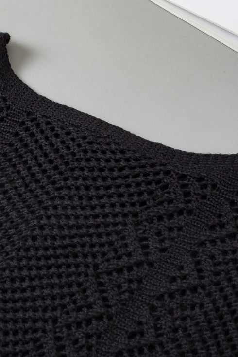 Open Knit Chevron Texture Elbow Sleeve Boat Neck Top