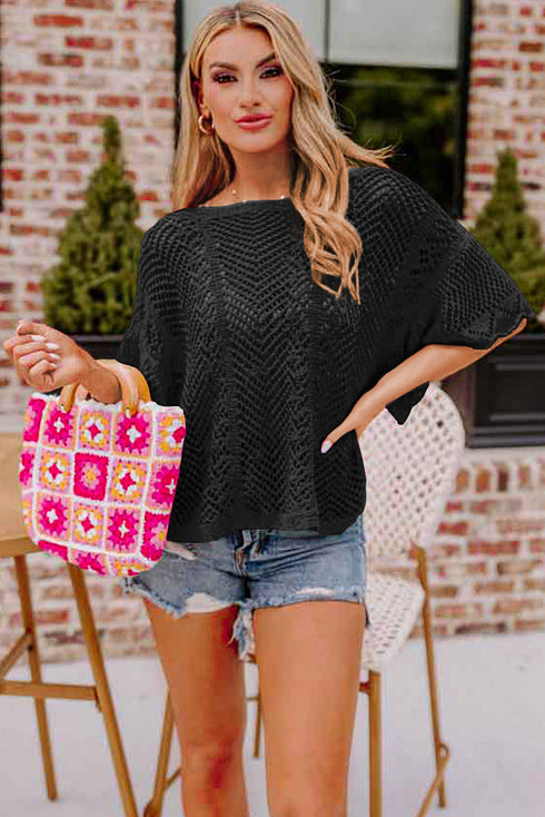 Open Knit Chevron Texture Elbow Sleeve Boat Neck Top