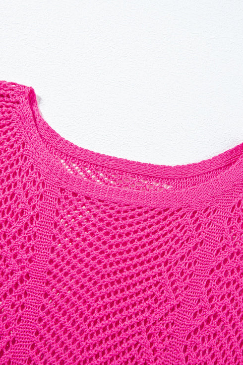 Open Knit Chevron Texture Elbow Sleeve Boat Neck Top
