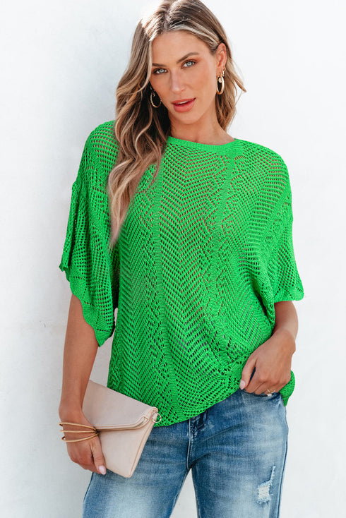 Open Knit Chevron Texture Elbow Sleeve Boat Neck Top