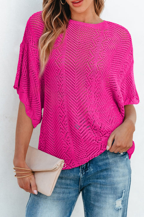 Open Knit Chevron Texture Elbow Sleeve Boat Neck Top