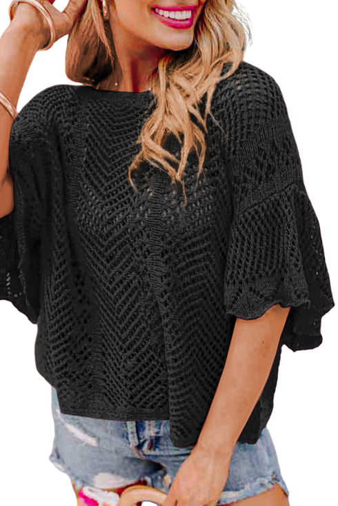 Open Knit Chevron Texture Elbow Sleeve Boat Neck Top