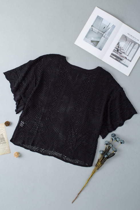 Open Knit Chevron Texture Elbow Sleeve Boat Neck Top
