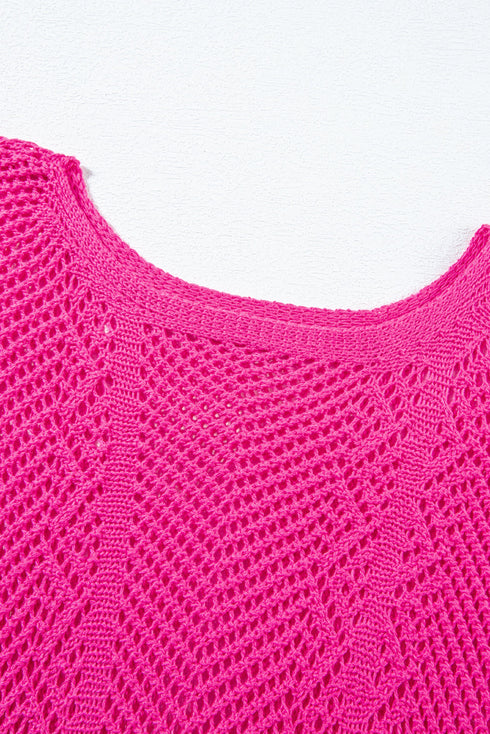 Open Knit Chevron Texture Elbow Sleeve Boat Neck Top