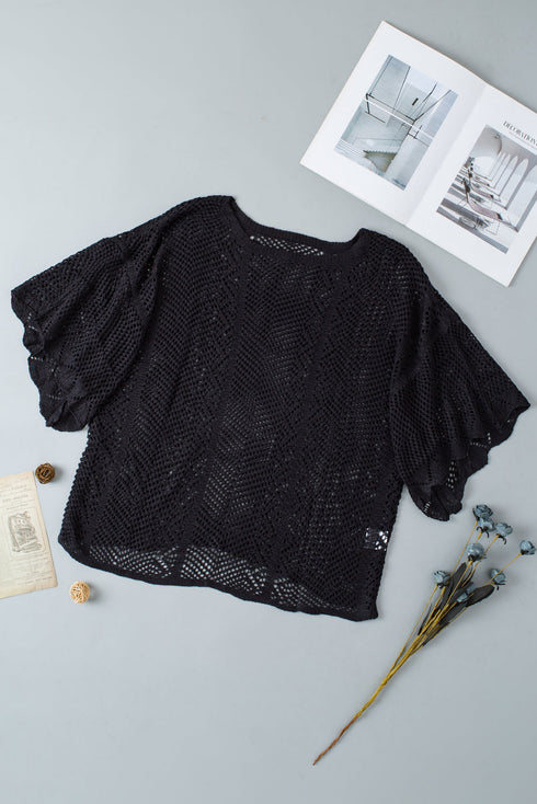 Open Knit Chevron Texture Elbow Sleeve Boat Neck Top