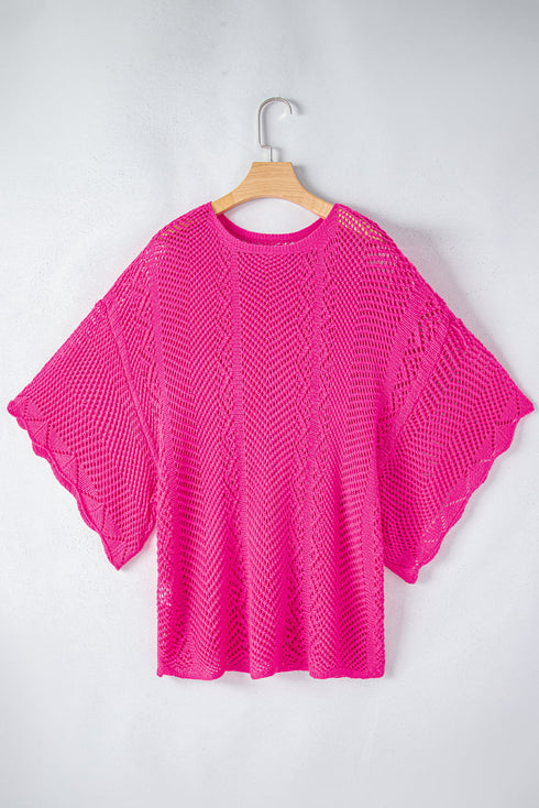 Open Knit Chevron Texture Elbow Sleeve Boat Neck Top
