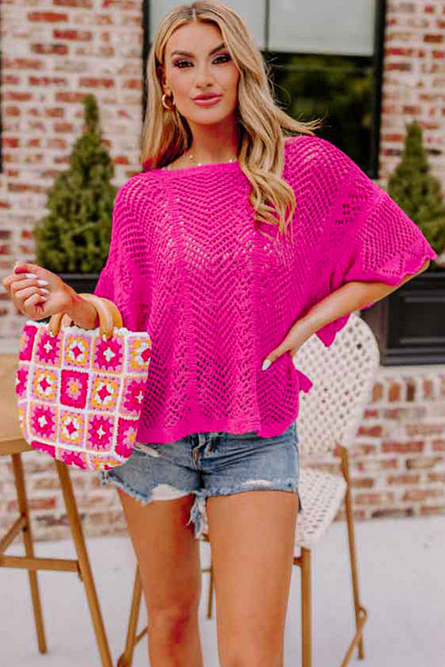 Open Knit Chevron Texture Elbow Sleeve Boat Neck Top