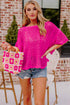 Open Knit Chevron Texture Elbow Sleeve Boat Neck Top