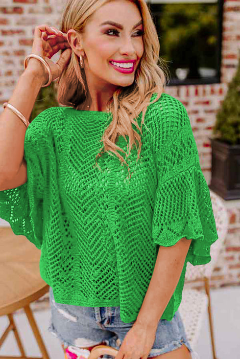 Open Knit Chevron Texture Elbow Sleeve Boat Neck Top