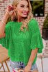 Open Knit Chevron Texture Elbow Sleeve Boat Neck Top