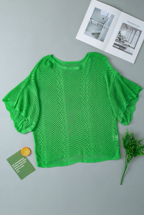 Open Knit Chevron Texture Elbow Sleeve Boat Neck Top