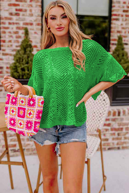 Open Knit Chevron Texture Elbow Sleeve Boat Neck Top