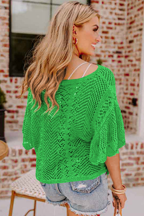 Open Knit Chevron Texture Elbow Sleeve Boat Neck Top