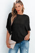 Open Knit Chevron Texture Elbow Sleeve Boat Neck Top