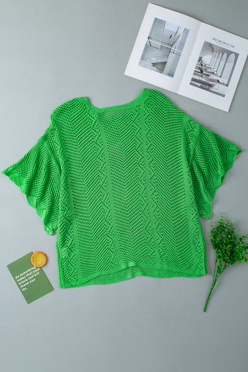 Open Knit Chevron Texture Elbow Sleeve Boat Neck Top