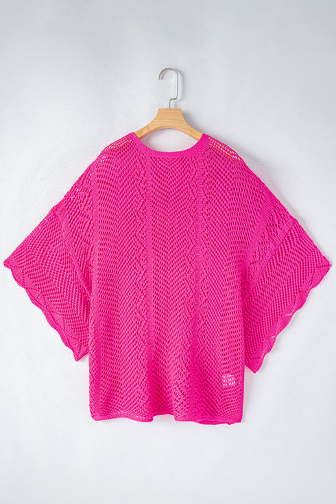 Open Knit Chevron Texture Elbow Sleeve Boat Neck Top