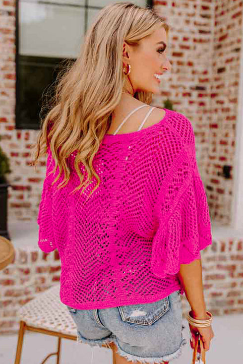 Open Knit Chevron Texture Elbow Sleeve Boat Neck Top