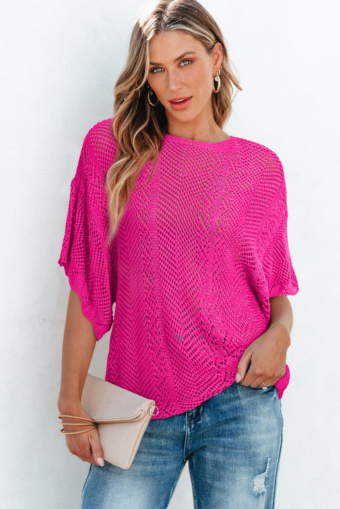 Open Knit Chevron Texture Elbow Sleeve Boat Neck Top