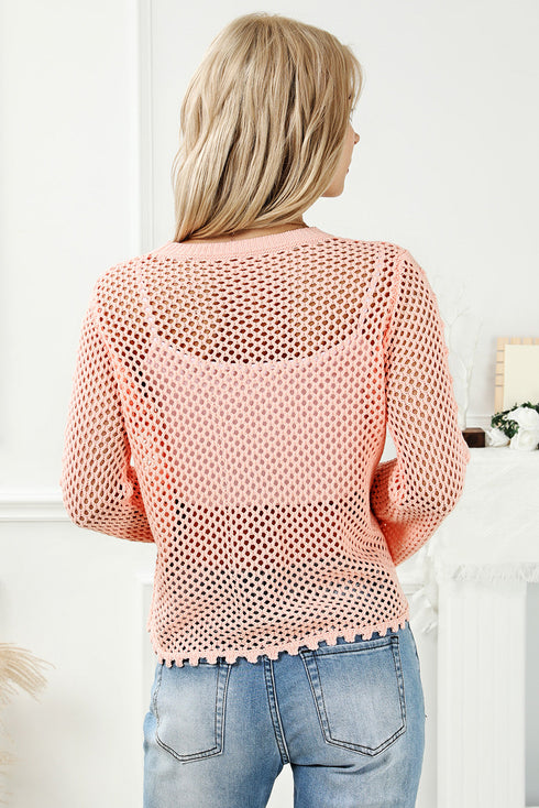 Open Knit Scalloped Bell Sleeve Crochet Top