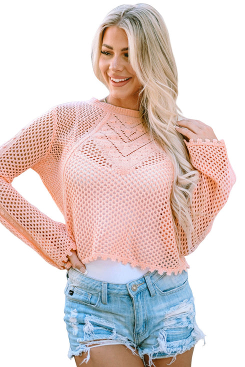 Open Knit Scalloped Bell Sleeve Crochet Top