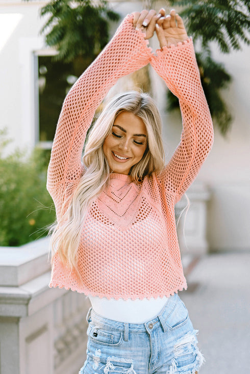 Open Knit Scalloped Bell Sleeve Crochet Top