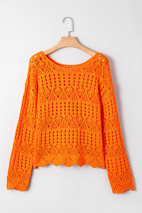 Open Knit Scalloped Hem Long Sleeve Pullover Sweater