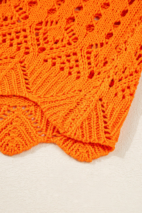 Open Knit Scalloped Hem Long Sleeve Pullover Sweater